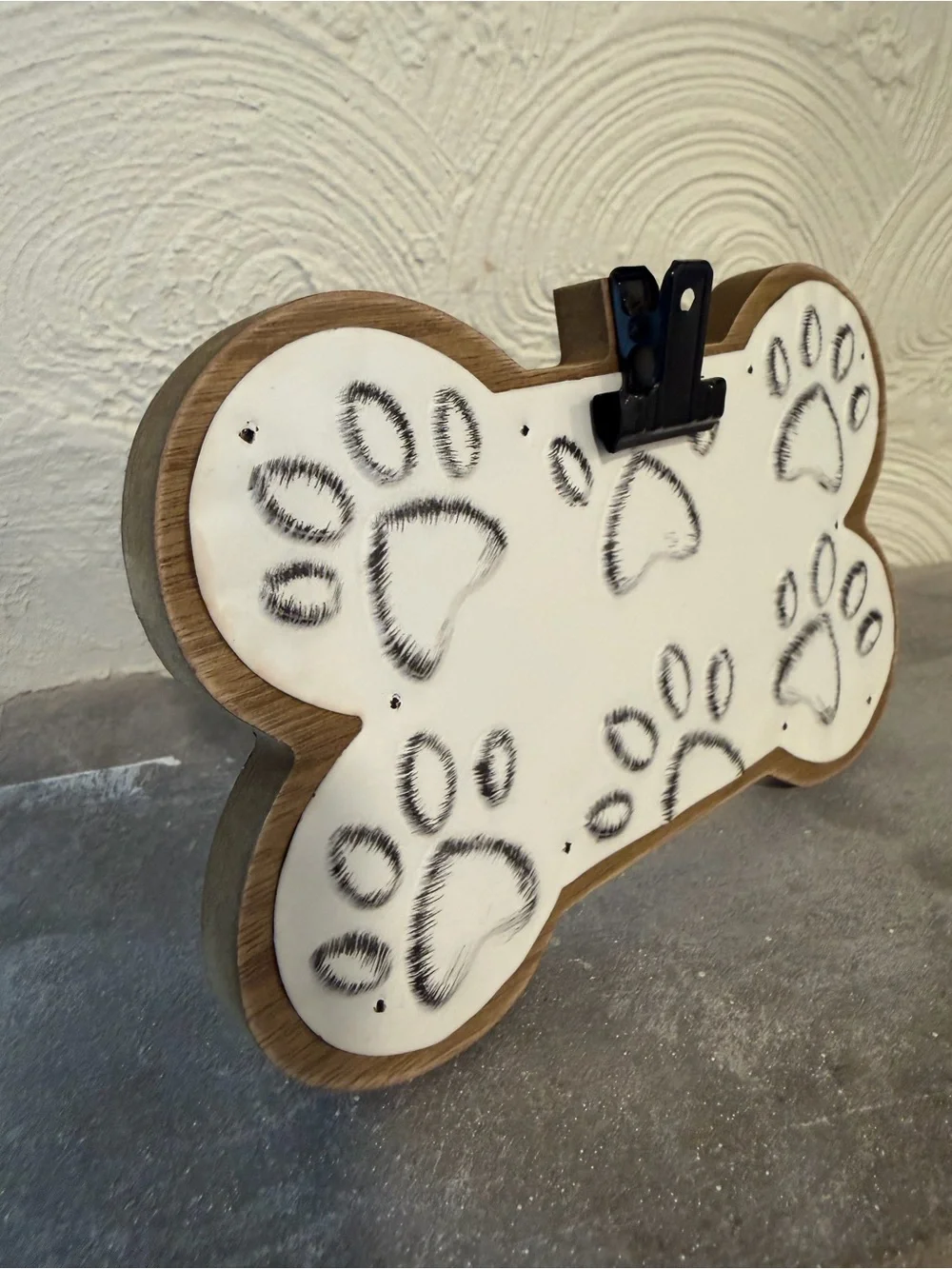 Wooden Bone-Shaped White and Black Paw Print Photo Frame with Clip Hobby Lobby